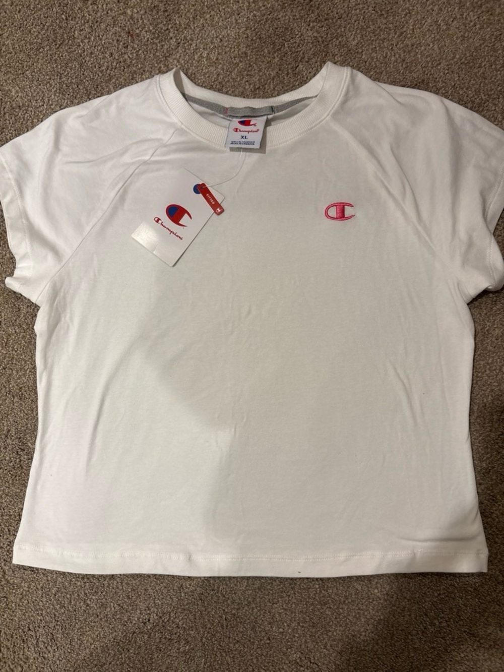Champion White T-Shirt with Pink Logo